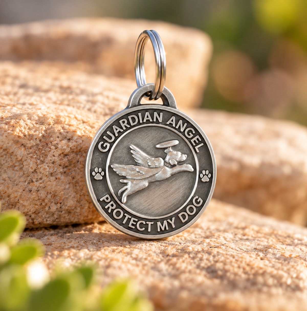 Pet Charm Guardian Angel Dog, Antique Silver