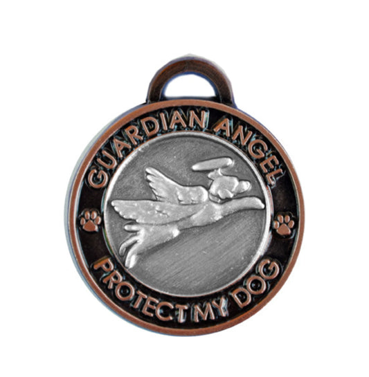Dog tag with 'Guardian Angel Protect My Dog' text on a white background